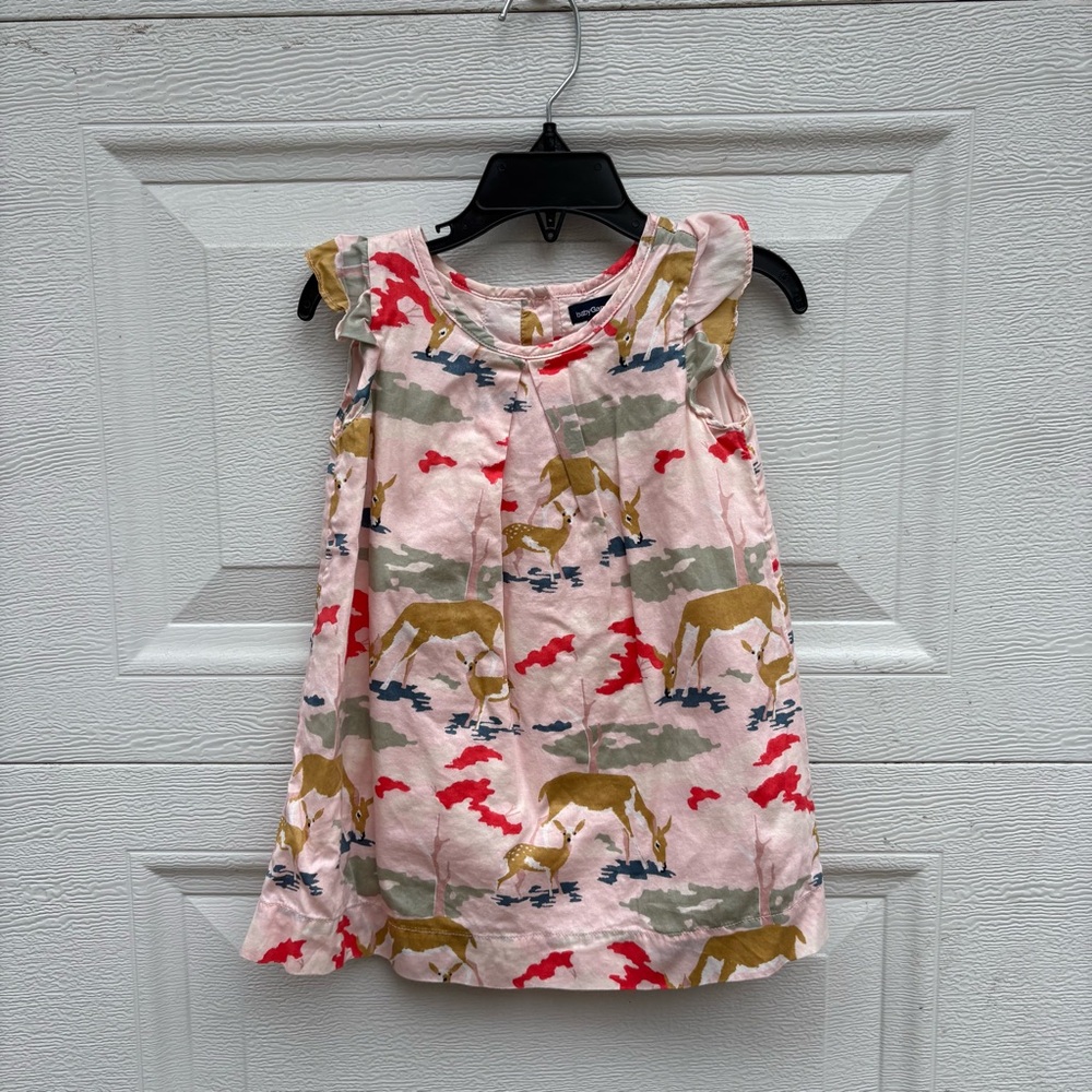 GAP Pink Deer Print Ruffle Sleeve Dress with Green and Red Accents